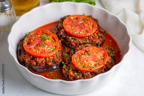 Traditional, delicious Turkish food, eggplant dish. Turkish name; Patlican oturtma photo