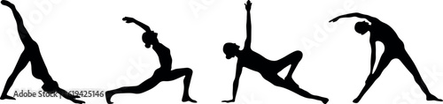set of silhouettes of people girls women do yoga, set of yoga poses silhouettes, fitness, sports people