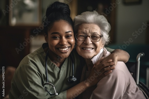 African american nurse in uniform with stethoscope hugging old 80s caucasian woman smiling looking at camera Fototapet
