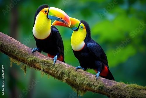 Two toucans sitting on the branch in the forest, green vegetation in the background. © FutureStock