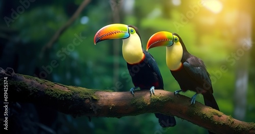 Two toucans sitting on the branch in the forest, green vegetation in the background.