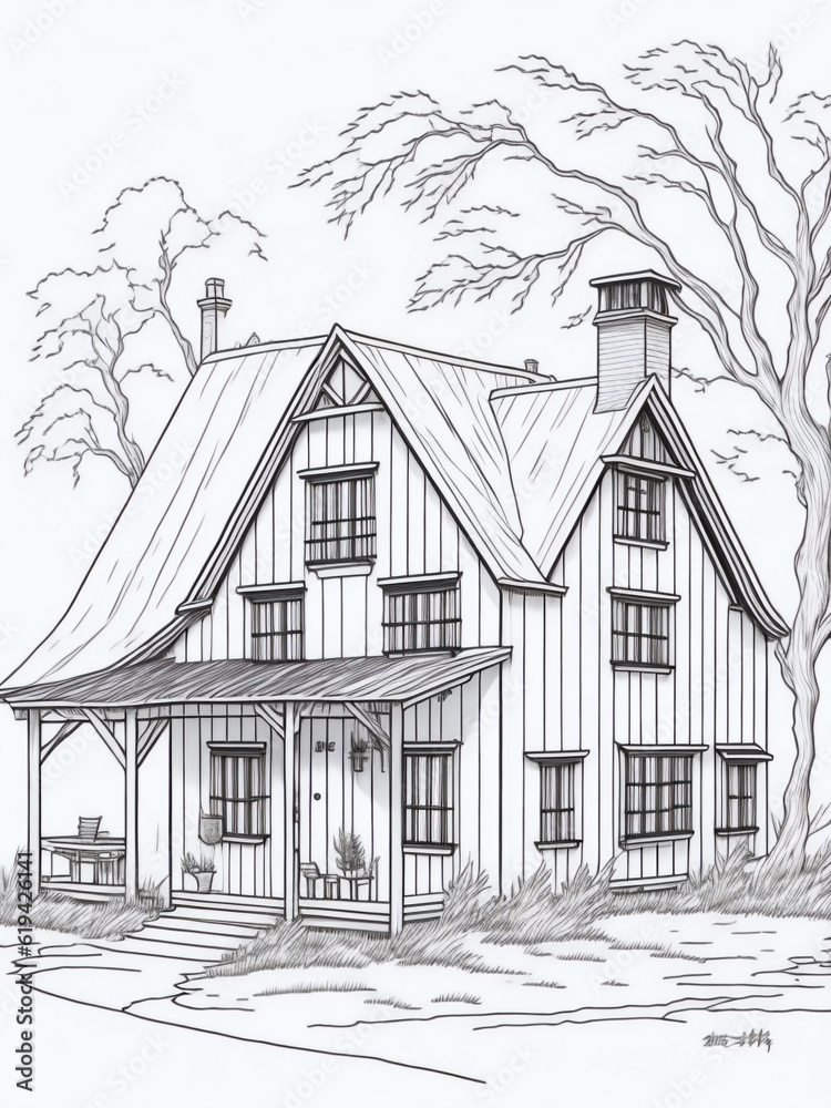 old wooden house sketch balck and white - ai