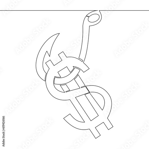 Continuous line drawing money bait financial trap, dollar on hook icon vector illustration concept