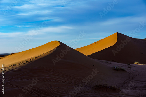 Morocco. Merzouga. Sand dunes of Sahara desert under a blue sky