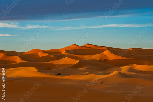 Morocco. Merzouga. Sand dunes of Sahara desert under a blue sky at dusk photo