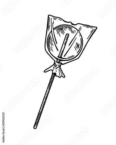Sweet circle lollipop on wooden stick. Vintage vector illustration in sketch style. Hand drawn caramel candy