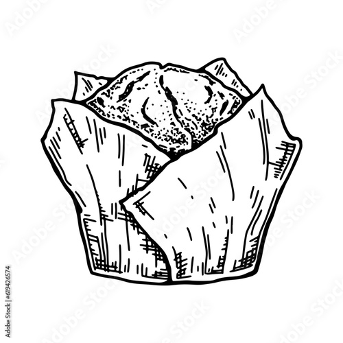 Muffin in craft paper. Vintage vector illustration in sketch style. Hand drawn cupcake. Bakery product