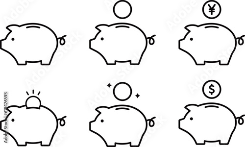 線画のブタの貯金箱のアイコンセット