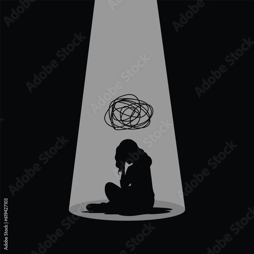 Fotografia Woman sit in the dark room mental disorder psychological depressed vector illustration