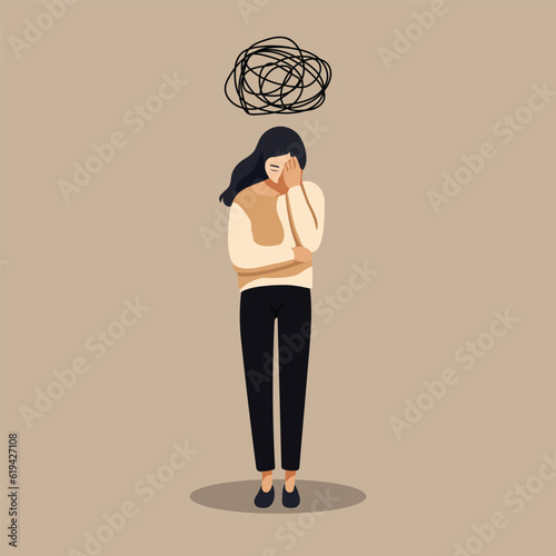 A flat vector cartoon illustration of a woman in a depressed mood, scribbling over her head.
