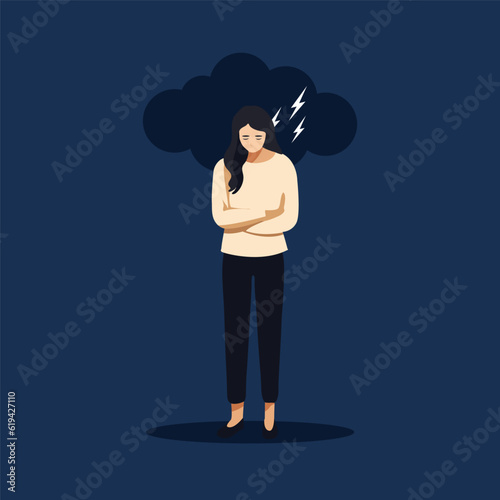  Young depressed woman crying with rain and storm with thunder above vector illustration.
