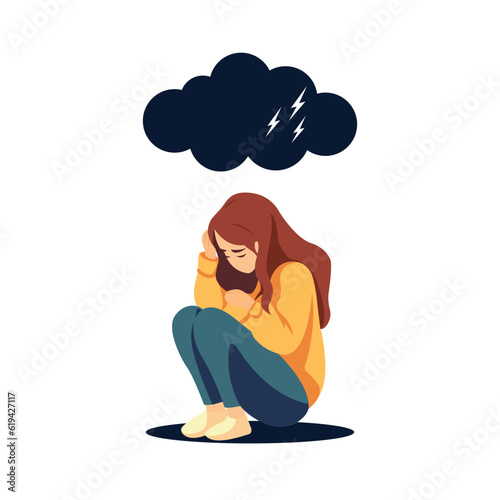  Young depressed woman sitting on ground crying with rain and storm with thunder above vector illustration.