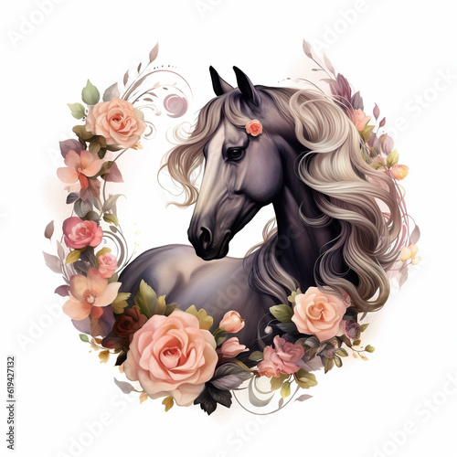 black horse in a floral plant spring frame white background. portrait, head. Watercolor. Illustration