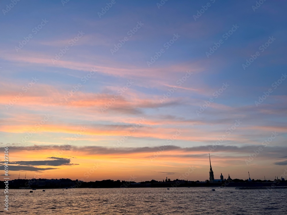 fantastic sunset colors at the city river, tender heaven, riverside