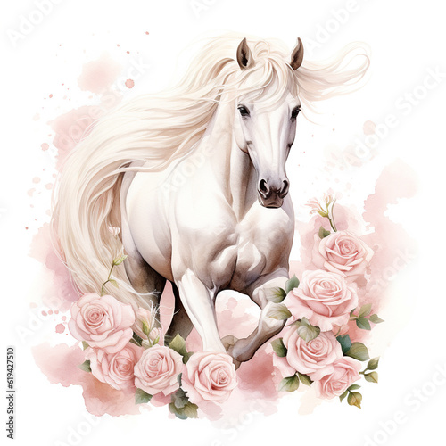 a magnificent white horse gallops through a meadow of flowers. cute watercolor clipart. Template. Close-up. Clip art.