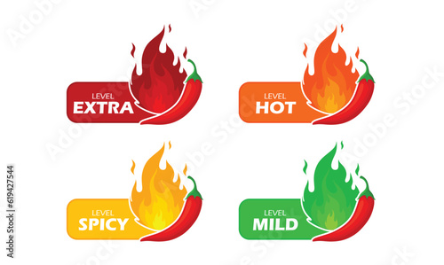 Spicy chili pepper hot fire flame icons. Extra, hot, spciy, mild spiciness level. vector spicy food level icons