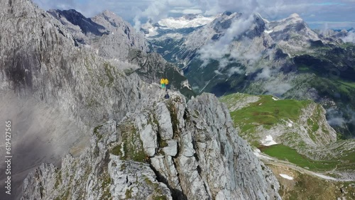 Drone shot, flying over mountains, Alpine panorama, aerial view, Wettersteingrad with Partenkirchner Dreitorspitze, Wetterstein Mountains, Garmisch-Partenkirchen, Bavaria, Germany, Europe photo