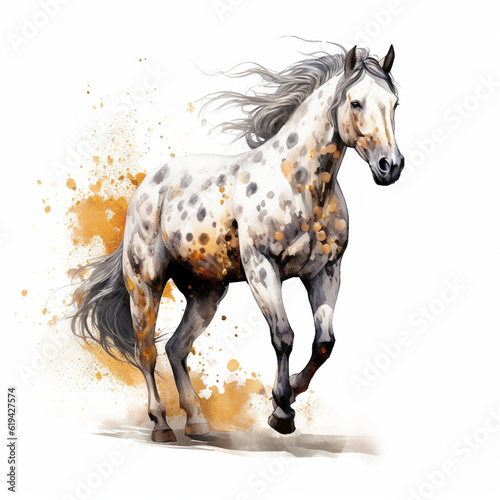 A beautiful spotted horse going in the field on a white background, watercolor painting