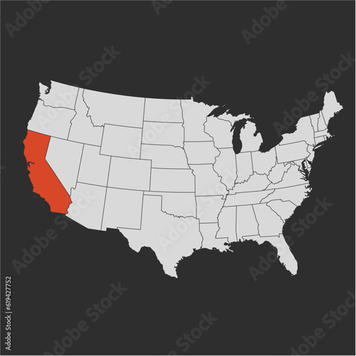 Vector map of the state of California highlighted highlighted in red on a map of United States of America.