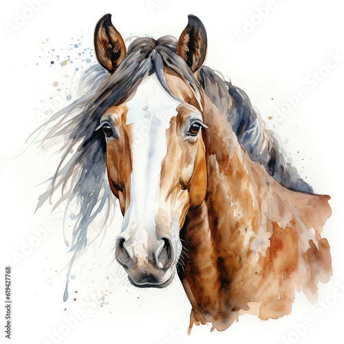 Watercolor horse  Brown horse portrait on a white background  horse riding sports