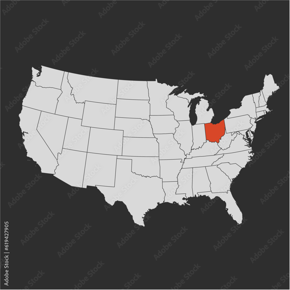 Vector map of the state of Ohio highlighted highlighted in red on a map of United States of America.