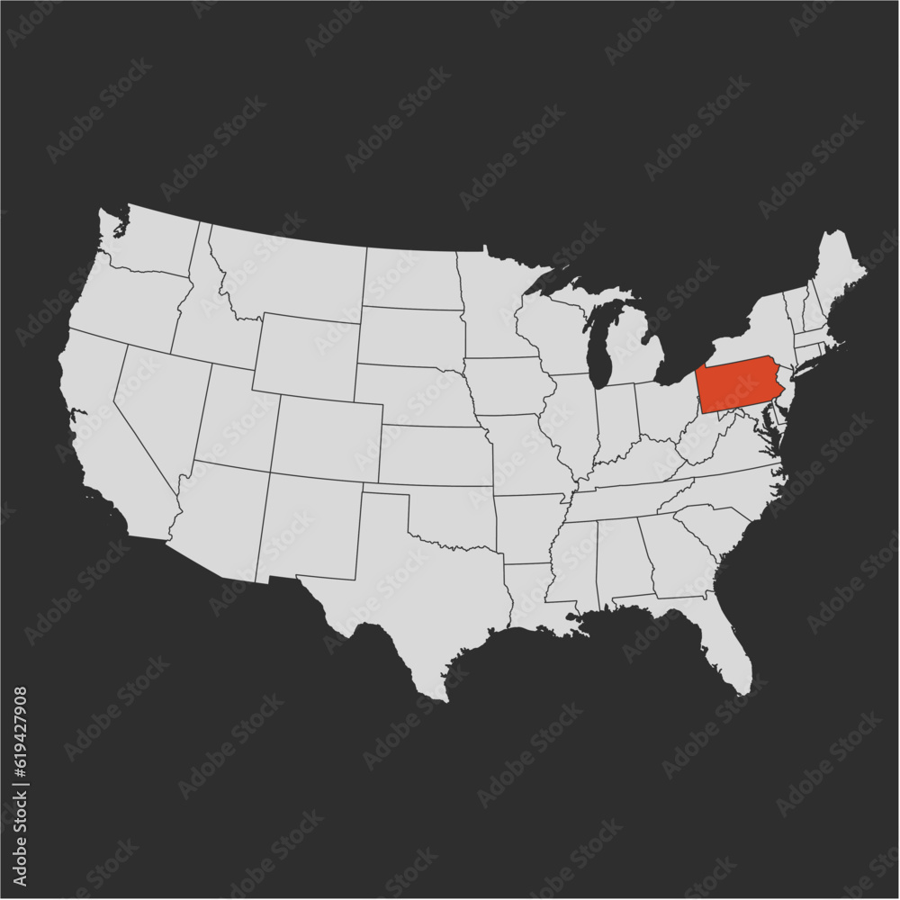 Vector map of the state of Pennsylvania highlighted highlighted in red on a map of United States of America.