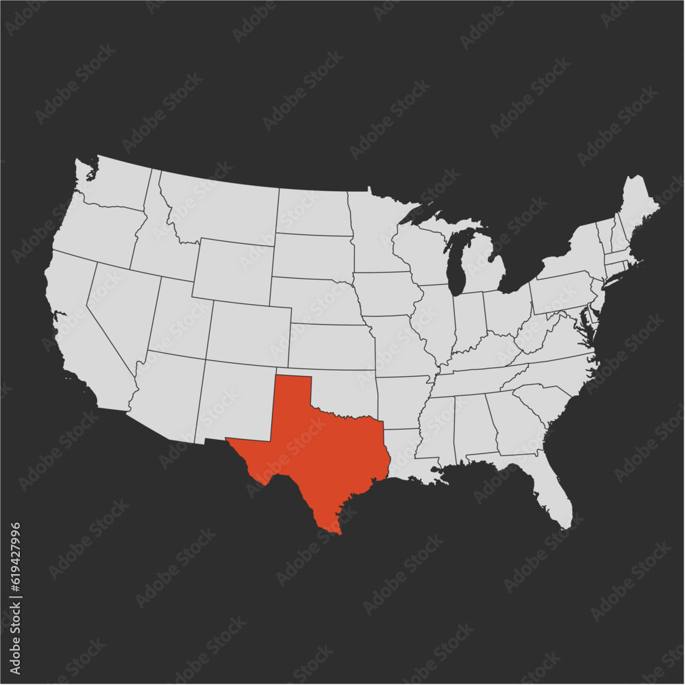 Vector map of the state of Texas highlighted highlighted in red on a map of United States of America.