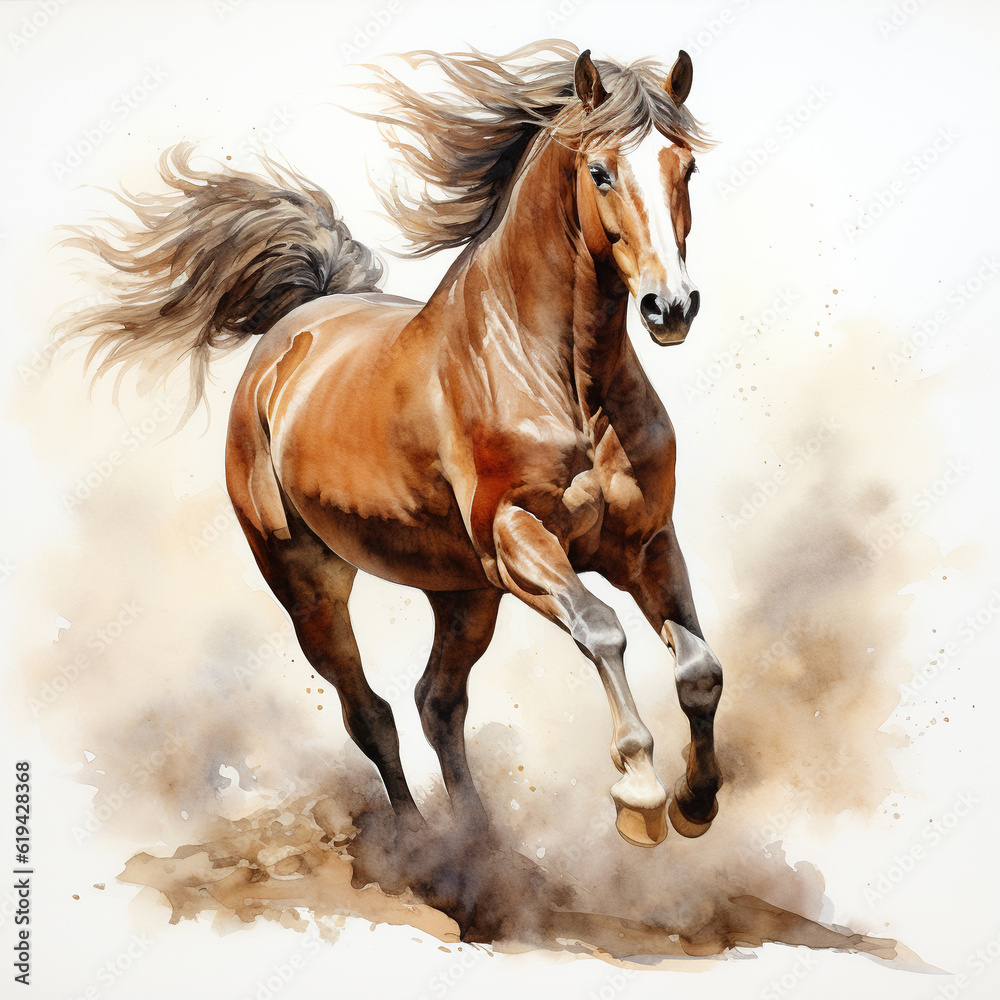 Obraz premium Beautiful horse watercolor painting, a brown stallion galloping across a meadow or desert on a white background