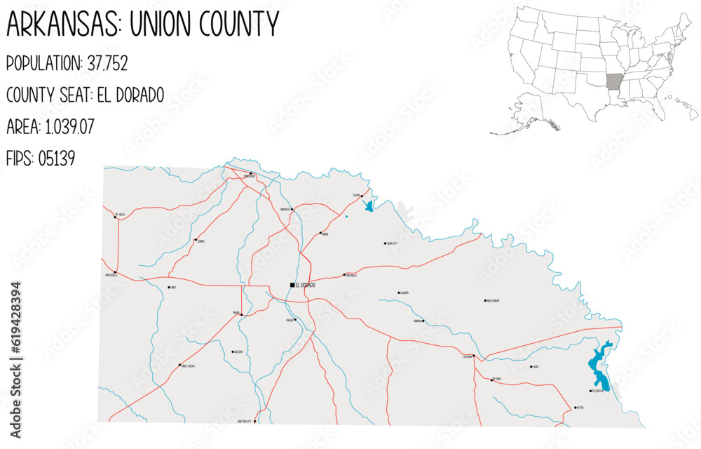 Large and detailed map of Union County in Arkansas, USA.