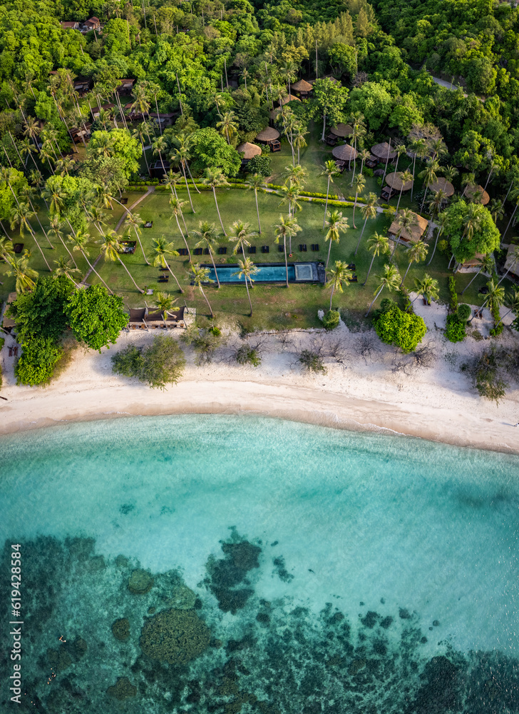Aerial view of Haad Tien Beach and resort in Shark Bay, koh Tao, Thailand