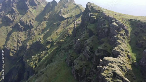 Drone shot, mountains and glacier river in a mountain valley, wild nature, Eyjafjallajoekull glacier in the back, Icelandic Highlands, Porsmoerk, Suourland, Iceland, Europe photo