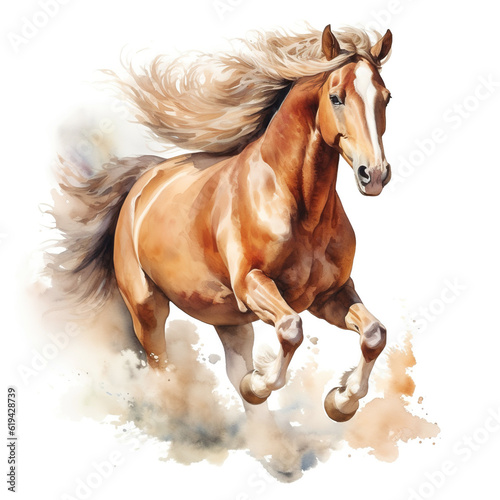Beautiful horse watercolor painting  a brown stallion galloping across a meadow or desert on white background