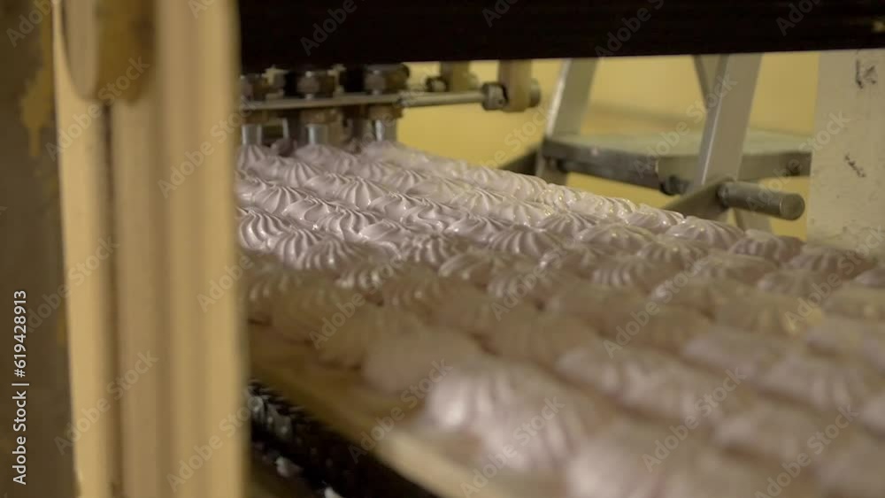 dolly slow motion medium shot of marshmallow squeezing machine making pink zephyrs in a candy factory dolly slow motion medium shot of marshmallow squeezing machine making pink zephyrs in a candy factory
