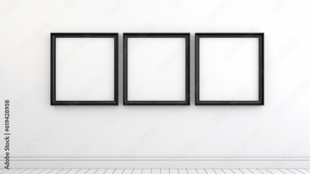 the interior is an empty wall with a thin black narrow frame inside an empty white background. Generative AI the interior is an empty wall with a thin black narrow frame inside an empty white background. Generative AI