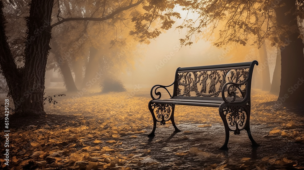 landscape, bench and morning fog in autumn park at sunrise. Generative AI