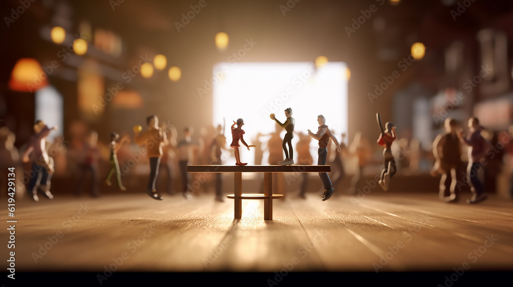 miniature dancing people disco party, blurred background restaurant table. Generative AI