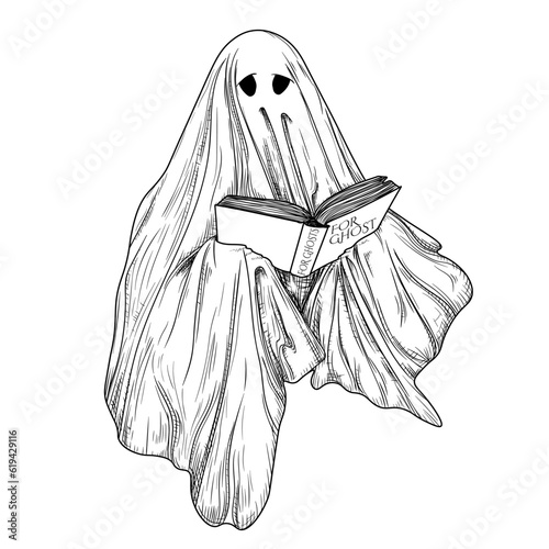 Vector illustration of a ghost reading a book in engraving style