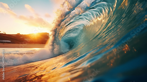 golden ocean wave at sunset. Generative AI © kichigin19