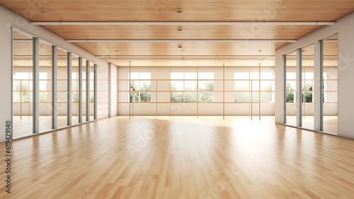panoramic empty gym with windows for ballet classes. Generative AI
