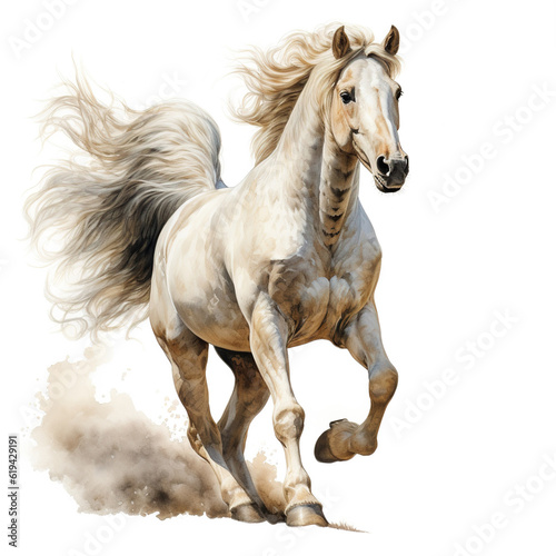 Beautiful horse watercolor painting, a stallion galloping across a meadow or desert on a white background