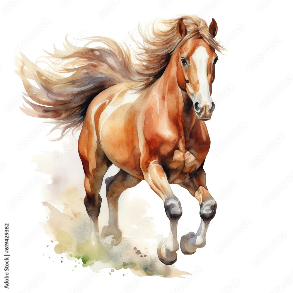 Obraz premium Beautiful horse watercolor painting, a brown stallion galloping across a meadow or desert.