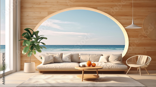 bright interior of a livingroom with a large window and a view of the sea and the beach. Generative AI © kichigin19