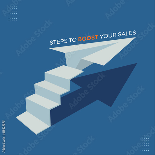 Steps to boost your Sales, Business Growth, Sales Target Poster, Creative Concept, Rocket Sales Vector Design Template