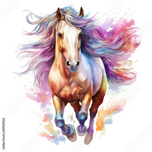 Beautiful horse watercolor painting  a colorful stallion galloping across a meadow or desert on a white background