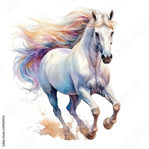 Beautiful horse watercolor painting, a colorful stallion galloping across a meadow or desert on a white background © innluga