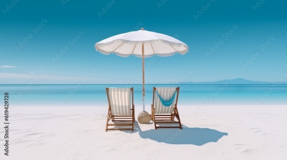 Beach chairs and umbrella on sand beach, Beautiful beach background