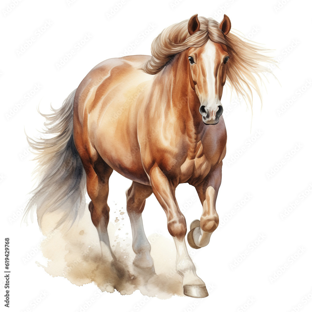 Obraz premium Beautiful horse watercolor painting, a brown stallion galloping across a meadow or desert on a white background