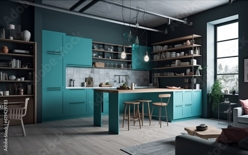 Turquoise Kitchen in Studio Apartment: Interior Design. Generative AI