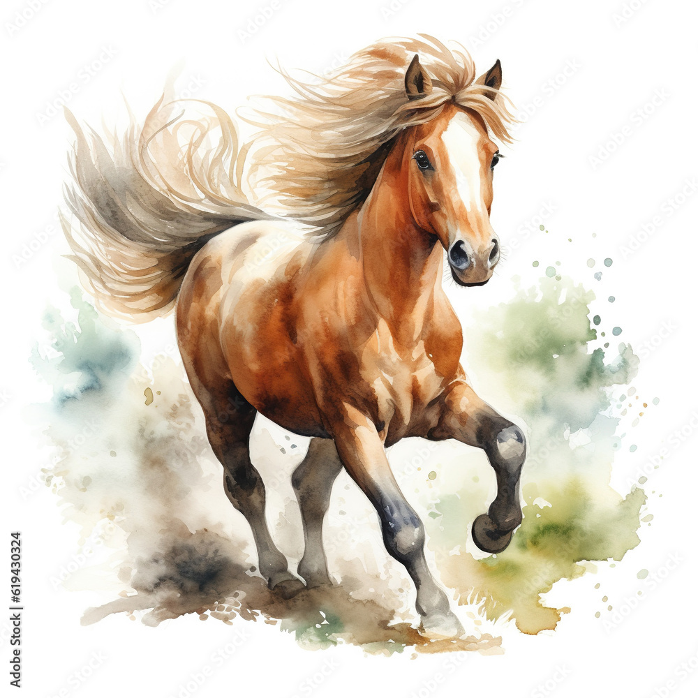 Obraz premium Beautiful horse watercolor painting, a brown stallion galloping across a meadow or desert on a white background
