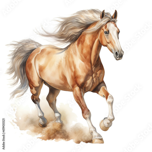 Beautiful horse watercolor painting  a brown stallion galloping across a meadow or desert on a white background